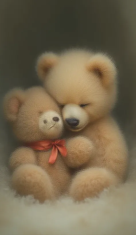  A bear cub, sleeping with a ribbon tied teddy bear, photogenic, peaceful moment.