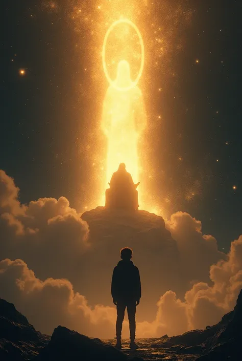 The silhouette of a teenager standing in front of God sitting on his throne in the background of space with golden stardust