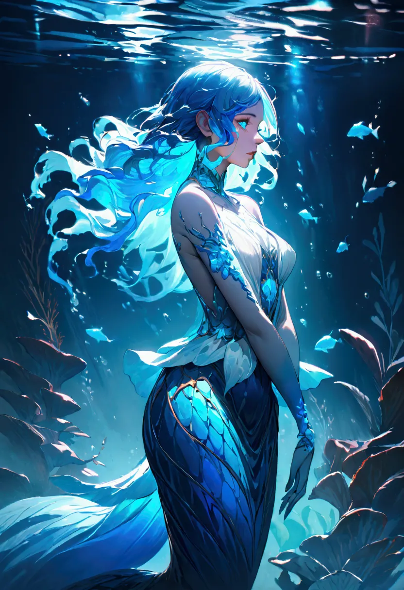 a genasi made of water, woman with water-like skin and flowing blue hair, beautiful detailed eyes, beautiful detailed lips, extr...