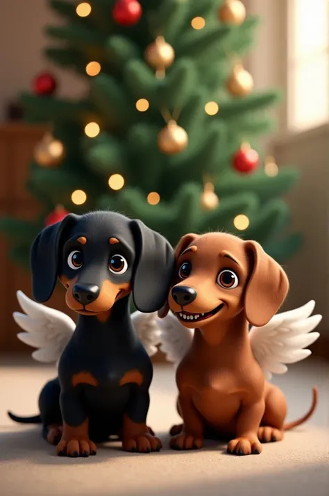 a black dachshund; Another brown dachshund with angel wings and a Christmas tree in the background 