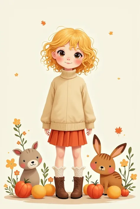  Create a simple, minimal illustration of a cool and cool girl  .   Create a minimalistic and simple illustration of a white girl with curly blond hair  、    The girl must wear a nut skirt and brown short boots in colorful fall colors .  The socks must be ...