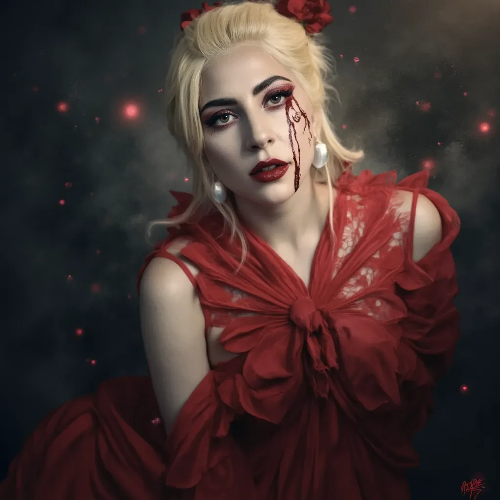 arafed photo from lady gaga in a red lingersuit with blood dripping down her face, lady gaga, lady gaga as a sith, lady gaga, bl...