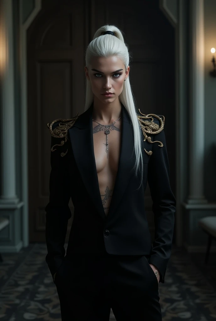  Create a beautiful prince from hell ,  with long, white hair tied in a tail , light blue eyes,  who has a contemptuous look looking straight ahead , May she have a good body.  dressed in an elegant black outfit with a V-neck , snake tattoos on the chest a...