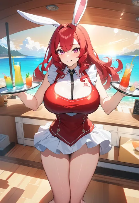 1girl, high quality, 8k, detailed, anime style, tall rabbit girl waitress, huge breasts, short vibrant red hair, striking white eyes, radiant smile, beach cafe setting, two-piece swimsuit, energetic pose, ocean visible in background, tray with colorful dri...