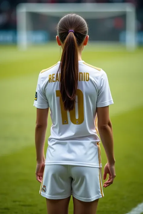  girl in a Real Madrid shirt and shorts from behind