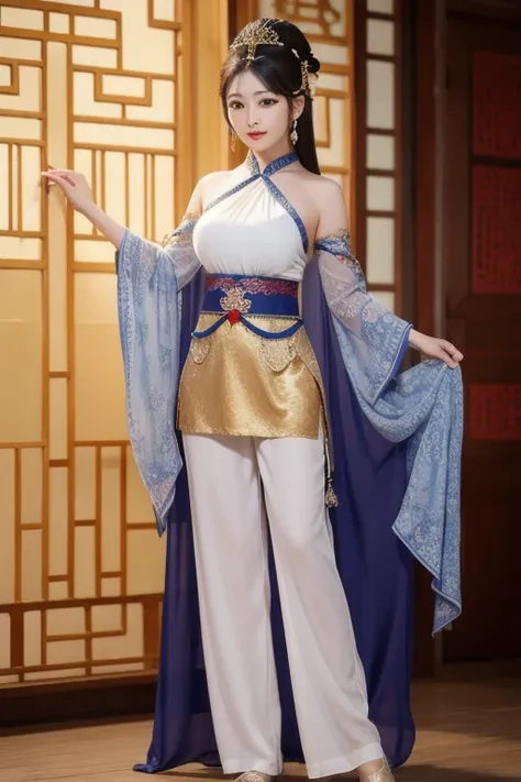 The woman is wearing an ancient dance costume, including a full-length halter top blouse, and chiffon trousers on the bottom. She is an oriental beauty with a very Chinese style. The costume is very Song Dynasty style. She has her back to the woman, her pa...