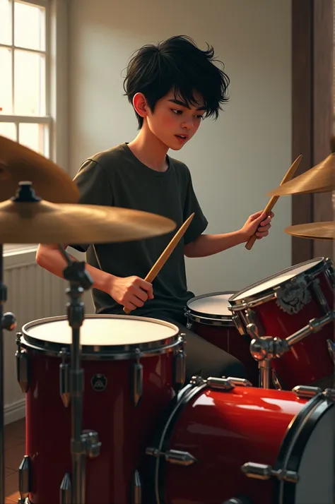 A young Indonesian with black hair is playing drums