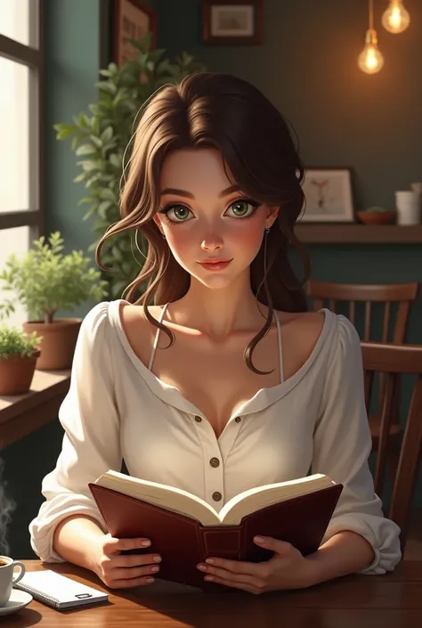 Please,  creates a realistic image of an 18-year-old girl with brown hair , green eyes and white skin,  sitting in a cozy coffee shop while reading a book .  She wears elegant and reserved clothes , with a classic and sophisticated style.  Your expression ...