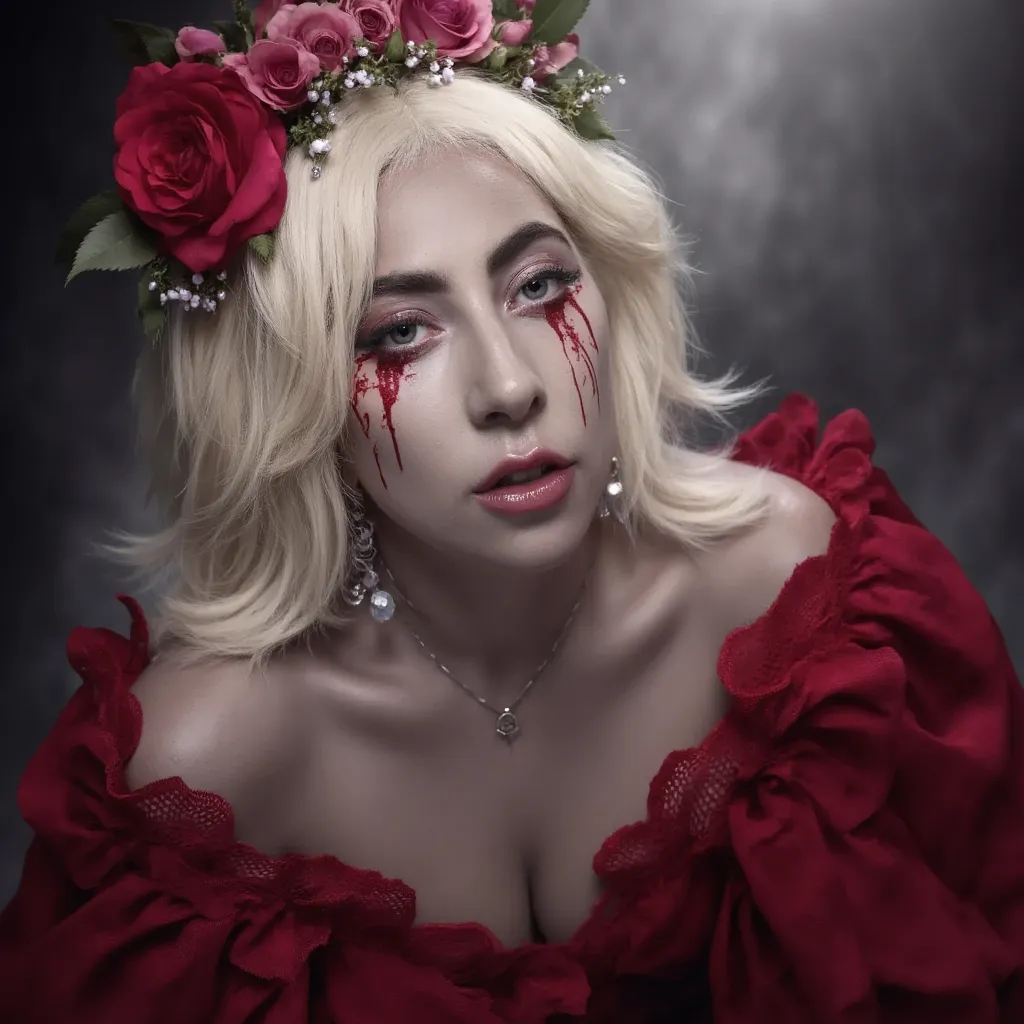 arafed photo from lady gaga in a red lingersuit with blood dripping down her face, lady gaga, lady gaga as a sith, lady gaga, bl...