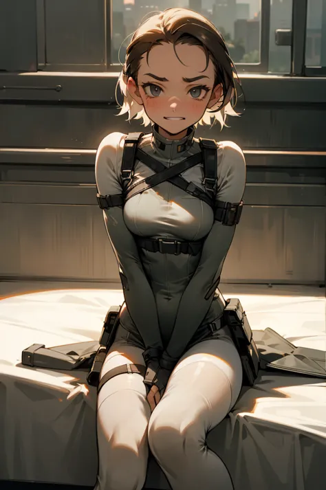 high quality, detailed, urban military leotard, grinning, frowning, girl, (forehead), (very short hair), (White tights), soft lighting, harness, thigh holster, kneeing,