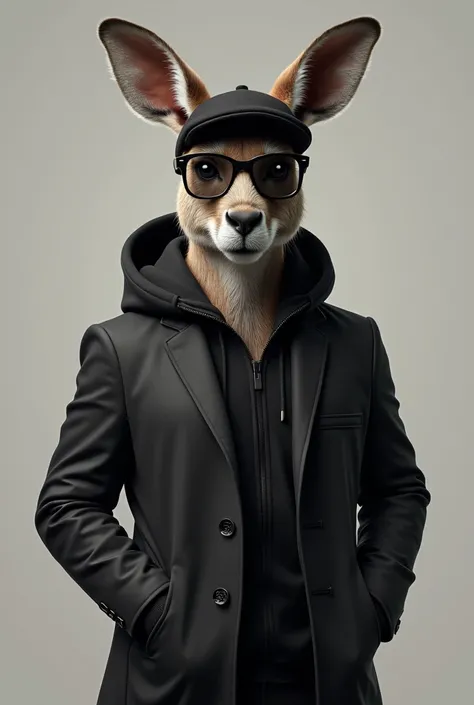 Handsome realistic kangaroo  ..  black jacket ,black glasses and black cap 