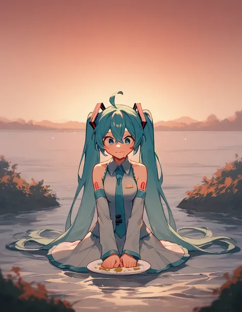 miku hatsune, ahoge, eyes dichroma red green ,  water colored hair , crossed bangs, hair between eyes,  hair ornament , auricula...