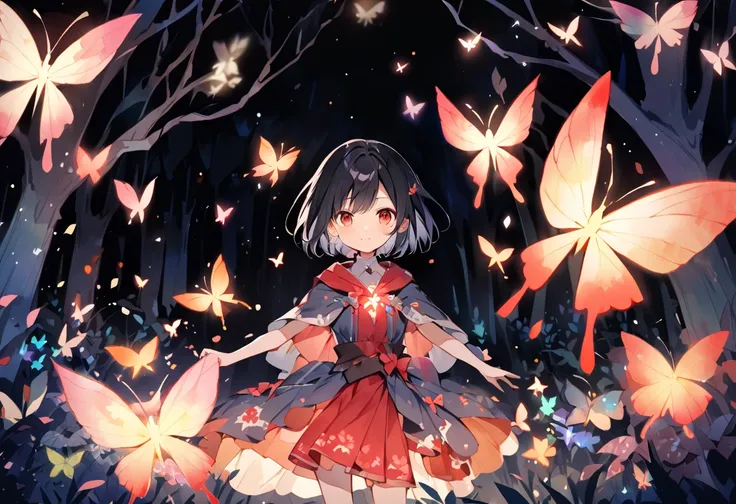 Watercolor colorful,sarada,girl,,solo,black hair,spicky short hair,magical red glowing butterflies in forest at night in dark,through trees and leaves,magical,sarada uchiha