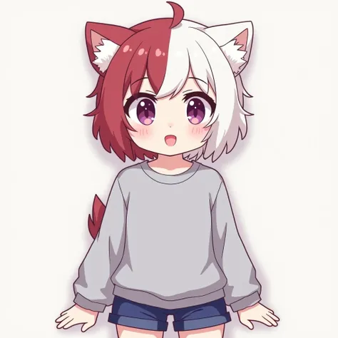 Covered in furry ,  only a female character, purple left eye, right eye crimson ,  area of the left hair purple,area of the right hair crimson , super cute face ,blush, blue shorts , grey sweatshirt.,, focus on the face , The body emerges from the backgrou...