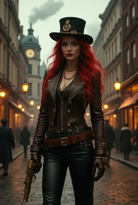  London Street at the end of the 19th century , but with a touch of steampunk .  Think of giant clock buildings with chimneys expelling steam ,  gas lamps casting an orange glow ,  and air ships gliding silently over her head .  cobblestone slippery rain s...