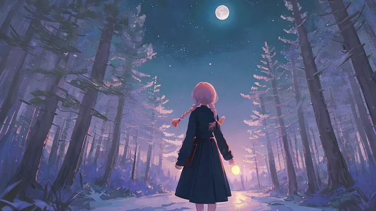  Capture a quiet, Purple night landscape with the moon and a forest . and in front,  a tender girl with two little braids holding a cute bright star in her hands