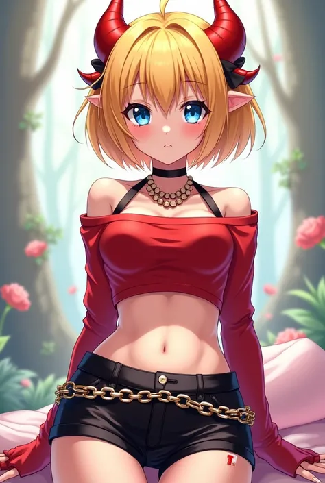  anime character :
Name: Lurian
Sex : Female
Appearance: short and yellow hair,  bright blue eyes , skin white as snow, skinny with curves,  two red horns on her head . She wears a red cropped shirt showing her belly ,  short black shorts showing her thigh...