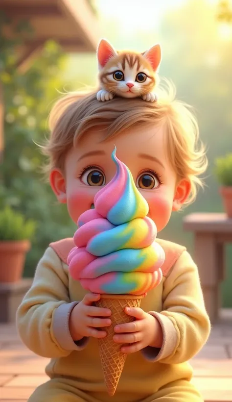 A one-year-old  holding a very colorful ice cream with a mini cat cub on it 