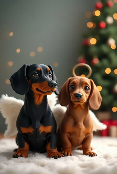 A black dachshund without angel wings; Another brown dachshund with angel wings and a Christmas tree in the background 