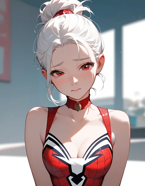 1 person,girl,White hair,Hair tied a knot,White hair, in red eyes ,shy,Spider-Man Dress ,cute, Medium Bust