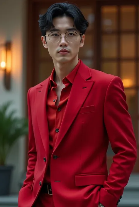 A male, he is Korean,25 years old,75kg,old money black hair,Of course blue eyes,light skin,almond shaped eyes,V-shaped face,with a subtle and well-defined jawline,something common in many Korean looks, clothing style and Romantic style and Social style and...