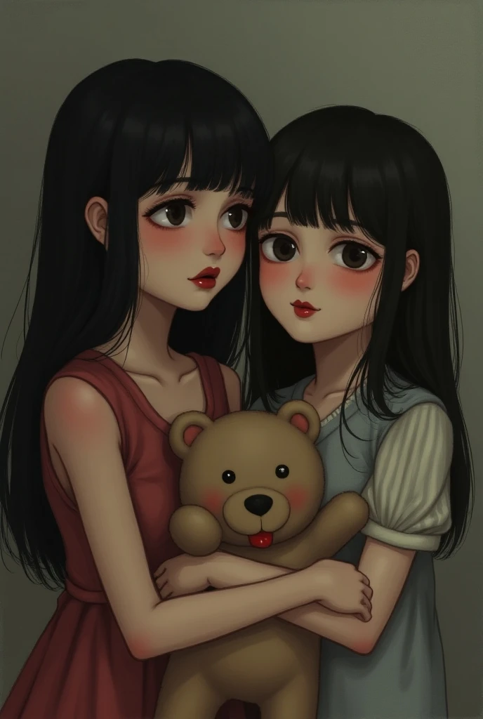   scene could show a girl with red lips and a sad expression,  while next to her is another girl without makeup , with a cheerful smile and a stuffed animal in her arms .  The contrast between the two emotions can be very powerful . 


