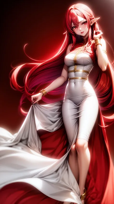 Chica anime,red eyes, red hair ,Elf ears,eleven, white dress ,long skirt,Milf,adult woman, long hair, wavy hair ,beautiful,Seductive face, seductive face ,Dressed like an angel, with gold detail on the waist , with transparent lace sleeves,with gold arrang...