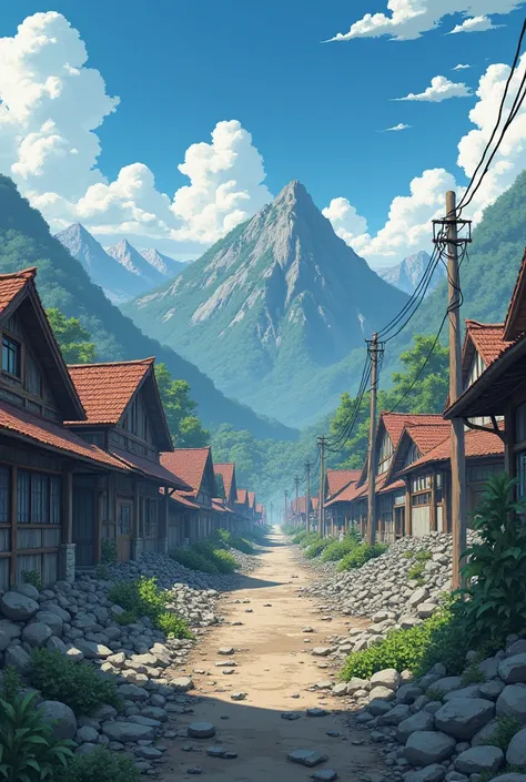  A devastating scene of a destroyed village ,  with an anime aesthetic inspired by Naruto Shippuden . Without people The village , All destroyed, Collapsed houses , fallen people ,  all destroyed. 