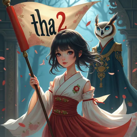 Beautiful Japanese girl holding a flag with the word tha2 written on it. Cool book character in the background with a blue eyed owl