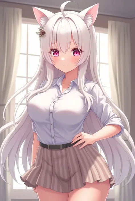 Beautiful girl with white hair, pink eyes with cat ears, big breasts and a white button-down t-shirt, a short ribbed skirt, girl, anime version, showing the chicks