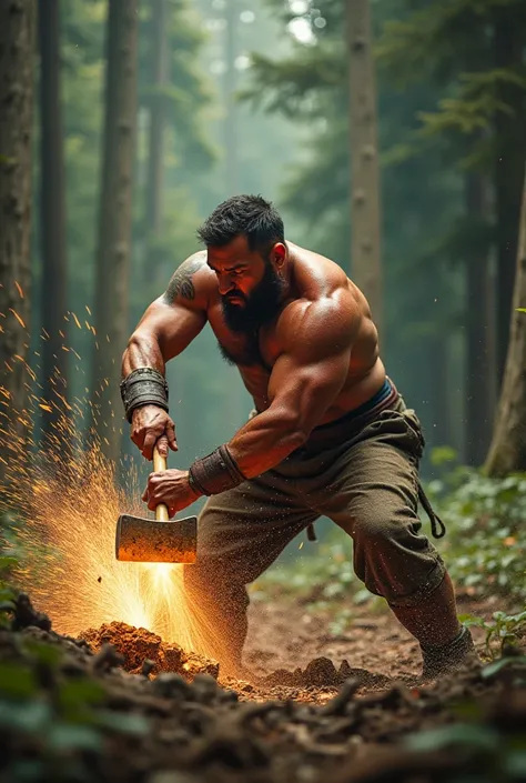  A realistic photo of a man who hits a tree with an axe, And he does it with enough fury and speed ,  to see the movement so fast that it goes 