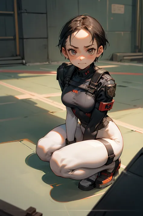 high quality, detailed, urban samurai, military leotard, grinning, frowning, girl, (forehead), (very short hair), (white tights)...