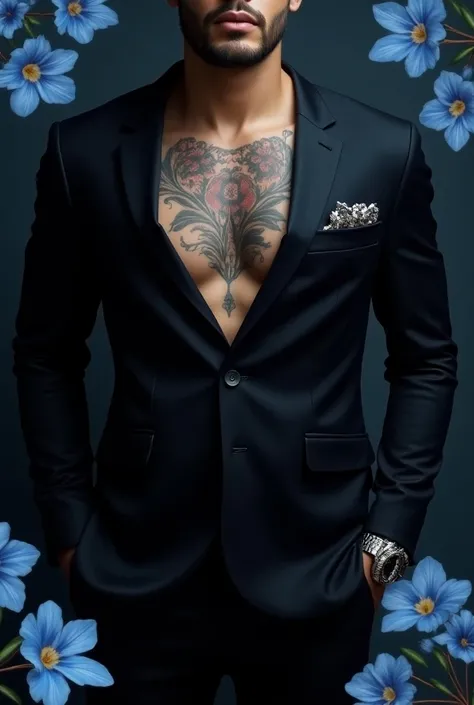  Torso of a man dressed in an elegant suit . She has a watch on her wrist . has a tattoo.  In the corners of the picture there are blue flowers.