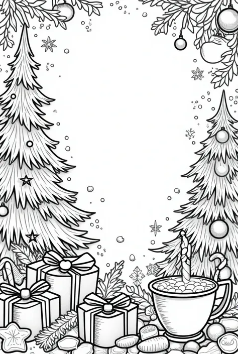 A detailed adult coloring book page designed for relaxation with a Christmas theme. The illustration features classic holiday elements such as Christmas trees decorated with ornaments, wrapped presents with bows, festive food like gingerbread cookies, cand...