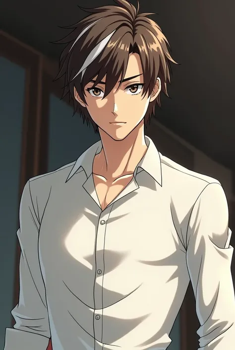  Panel anime comic of a boy who is a tough adult,with dark brown eyes , brown hair with two short white locks ,piel Blanca, wearing an elegant white shirt ,It is very beautiful, has a serious expression and is smoking .