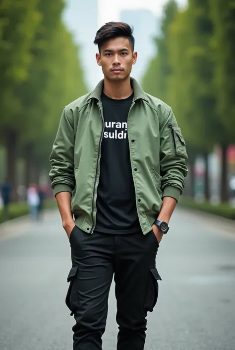  full distance Indonesian man 25 years old with short hair fast sweet macho.  Wears a light green baseball jacket,  wears a black t-shirt with a name on it  "URANG SUNDA ", wearing black cargo pants and wearing allstar shoes .  Full of distance medium cool...