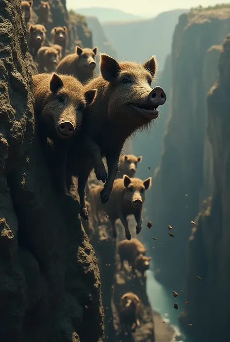 Herd of wild pigs falling off a cliff