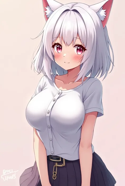 Beautiful girl with white hair, pink eyes with cat ears, big breasts and a white button-down t-shirt, a short ribbed skirt, anime version girl showing her tits.