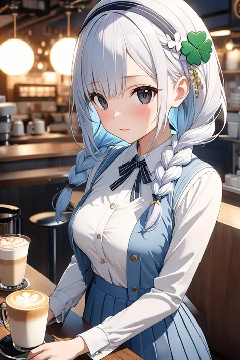 anime re:Zero style, Emilia-style female, height 150cm, black eyes, loose and fluffy, semi-long hair, outfit, light navy blue uniform, background, drinking a cafe latte in a stylish cafe in the morning, glitter, high quality,  8k Ultra HD , anime-style dig...