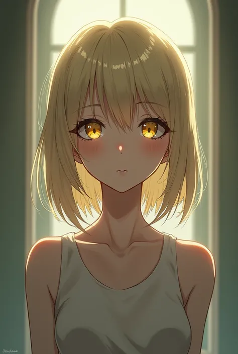  anime style, light blond hair ,  Yellow Eyes ,  slim body,  pale and attractive skin, chico