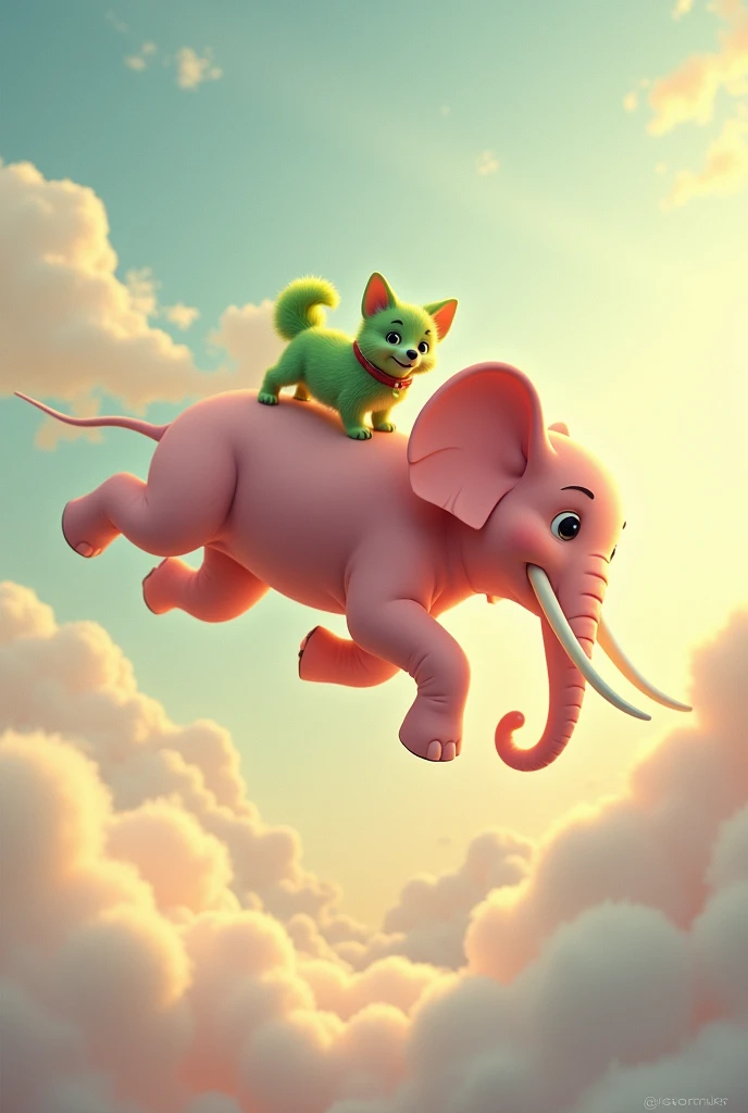 a green dog flying alongside a skinny pink elephant