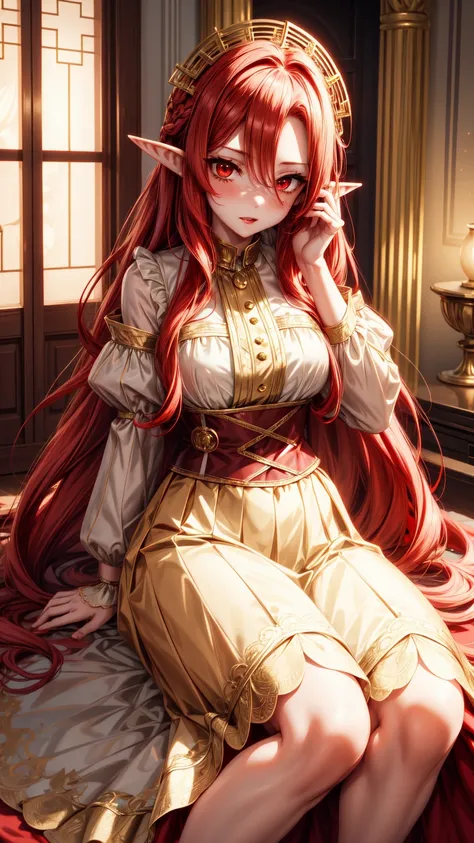 Chica anime,red eyes, red hair ,Elf ears,eleven, white dress ,long skirt,Milf,adult woman, long hair, wavy hair ,beautiful,Seductive face, seductive face ,Dressed like an angel, with gold detail on the waist , with transparent lace sleeves,with gold arrang...