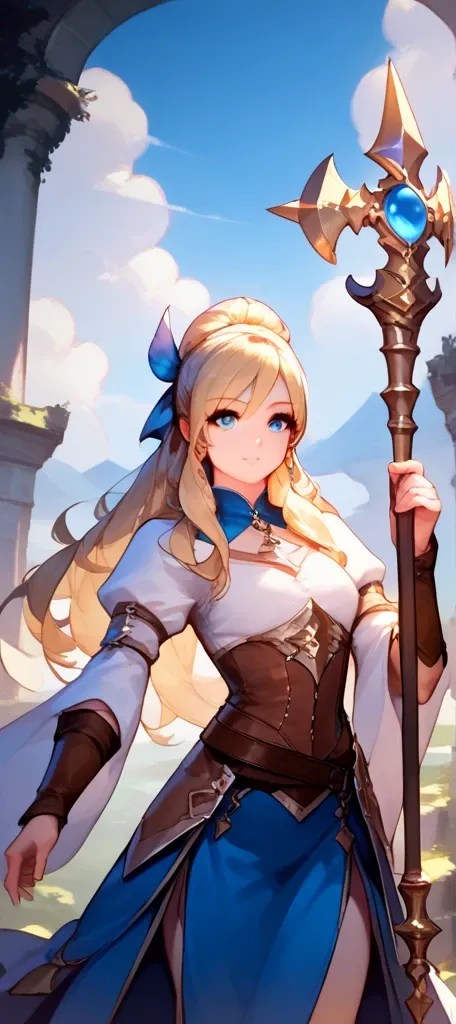 1girl, solo, high resolution, good quality, high details, long hair, waist-lenght hair, blonde hair, blue eyes, doe-eyes, petite, staff, fantasy, rpg, healer, innocent, cute, adorable, small