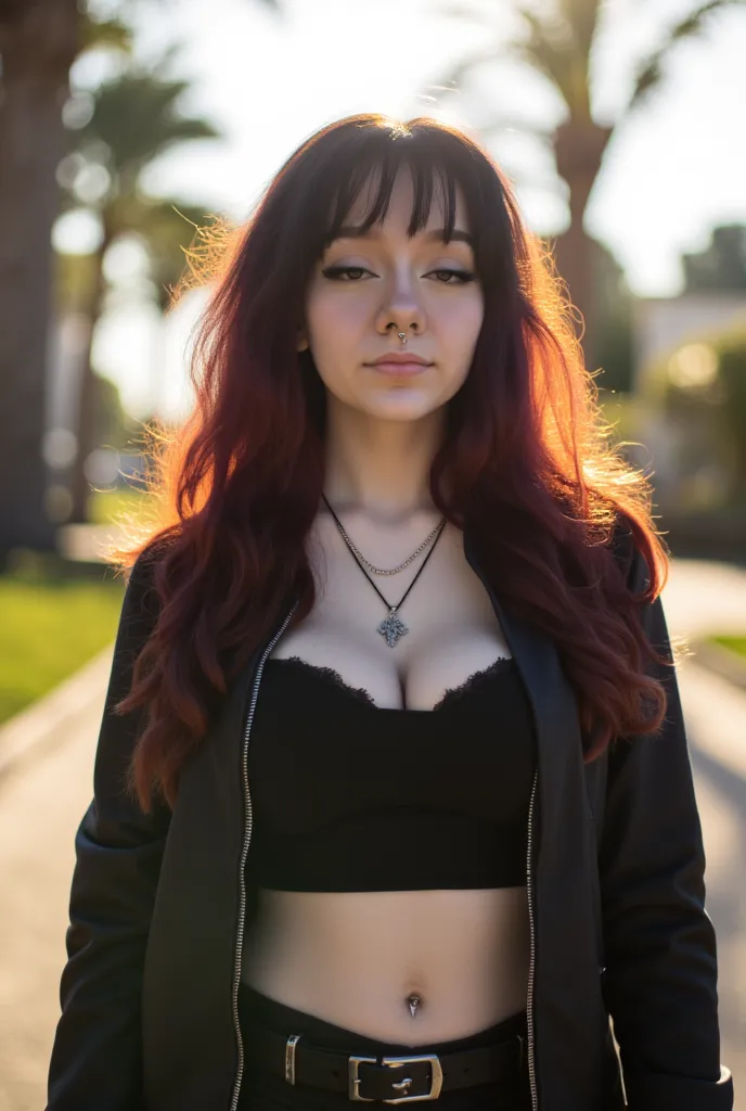 kat, goth girl, egirl, slut, slutty, 1girl, solo, jewelry, necklace, navel, breasts, midriff, realistic, outdoors, belt, selfie,...