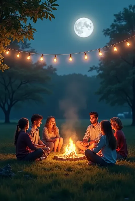  Create people around a campfire on a lawn, With the full Moon and your clean one and put on a clothesline of lights