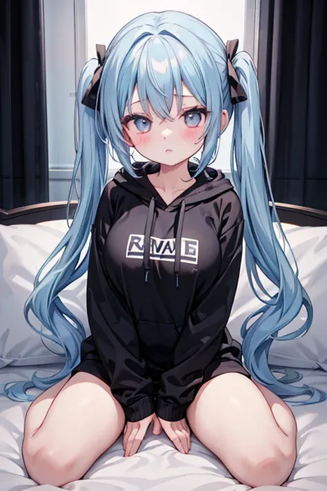 anime、 pretty girl、 one girl 、 black hoodie、 light blue hair 、 twin tails、 Viewers Aim、
blush、 bed、sit、Showing off her breasts、Bra