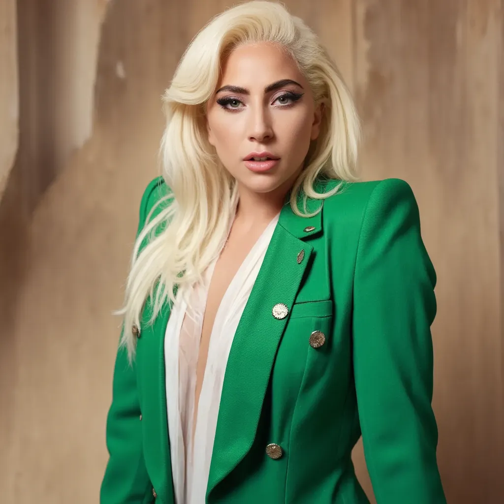 a close up of a lady gaga in a green jacket and white dress, portrait of lady gaga, lady gaga, lady gaga artpop act ii, lady gag...