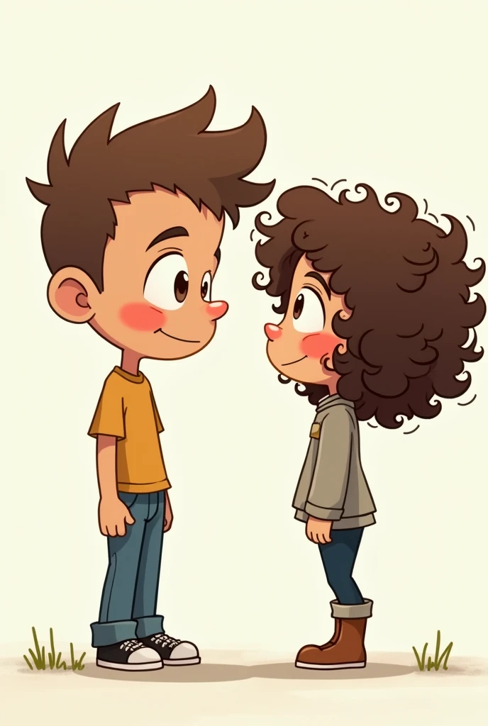 Create an illustration of a boy similar to Tom from Eddsworld with a curly haired girl with a more series-like style 