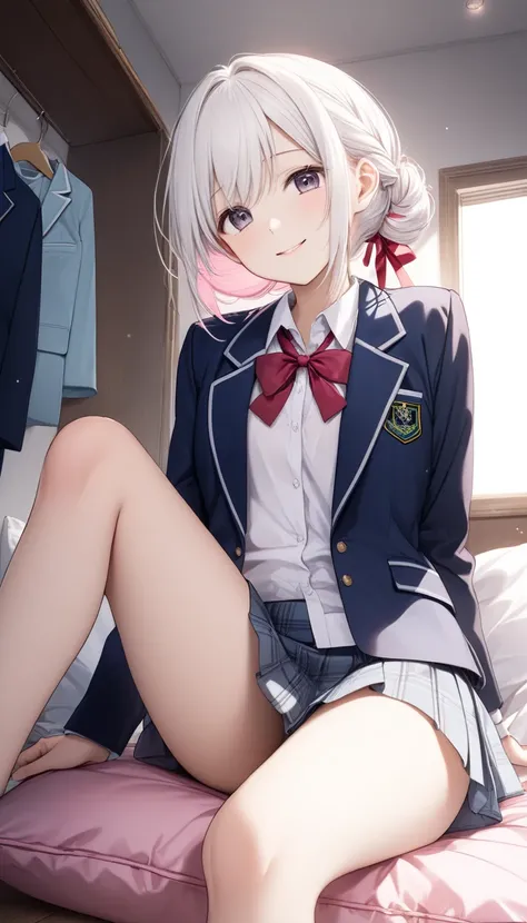 One, cute girl,Young Face、 slim figure without arms、Thin legs、８Head to Body、((White hair colour、 light pink inner color hairstyle、 with fully trimmed ends 、A cute and young hairstyle))、((School uniforms that are worn loosely and are falling apart( blazer、 ...