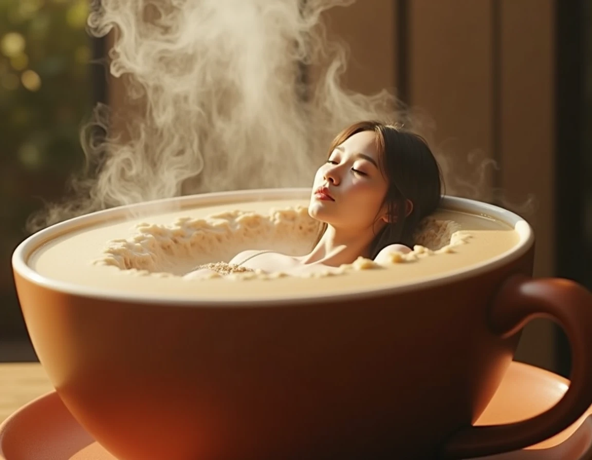 "A woman relaxing in an unusual bath inside a huge cup of hot coffee. She is enveloped in soft steam, with the milk foam delicately forming waves around her. The scene conveys a sense of comfort and fantasy, with soft lighting and warm tones, like the brow...